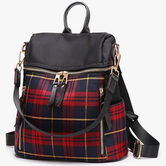 MN & Sue Handbags - Plaid Red and Black Women's Backpack
